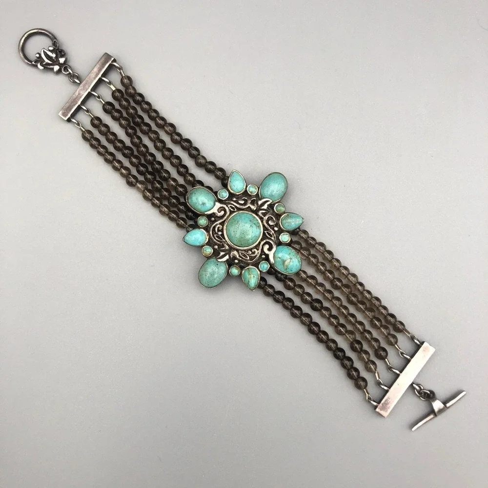 Barse Sterling Silver Turquoise Bracelet Beaded Smoky Quartz 7.5